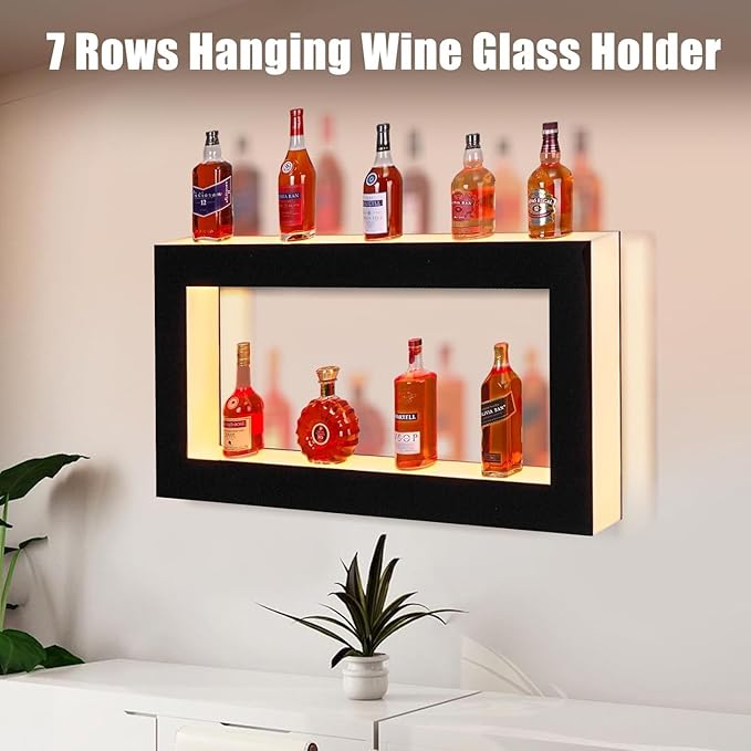 Elegant Wall-Mounted LED Wine Bottle Display Rack – 24-Inch Rectangular 2-Layer Acrylic with Dynamic Lighting Remote &amp App Control (Mobile Connectivity) Premium Quality Materials
