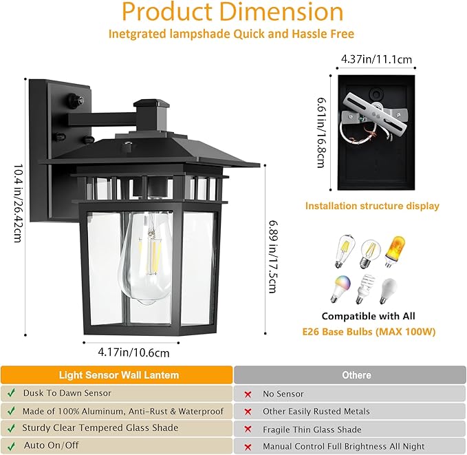Dusk to Dawn Outdoor Wall Lights Black Porch Lights with Rust-Resistant Aluminum &amp Tempered Glass Exterior Lighting Fixtures 10.4 2-Pack for House Patio Garage Front Door