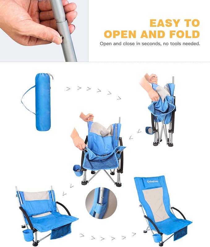KingCamp Folding Beach Tall Sling Chair Set of 2 Compact Beach Chair with Armrests and Breathable Mesh Back Portable 2 Set Blue