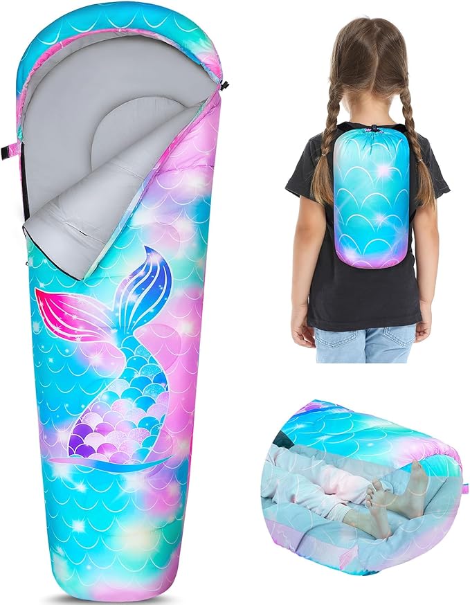 FIOBEE Kids Sleeping Bag for Girls Boys 3 Season Warm &amp Cool Weather Youth Camping Sleeping Bags with Backpacking Bag Waterproof for Traveling Hiking Indoor Outdoor Camping Essentials