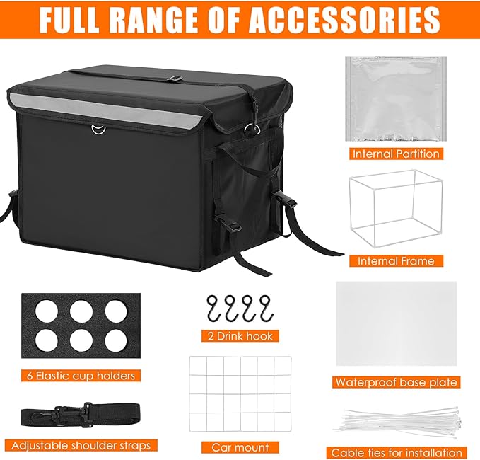 Insulated Food Delivery Bag for Bike with Rear Rack Pizza Delivery Box with Shoulder Belt and Internal Accessories Waterproof Internal Dimensions(Black18.5 x 13 x 13 Inches)