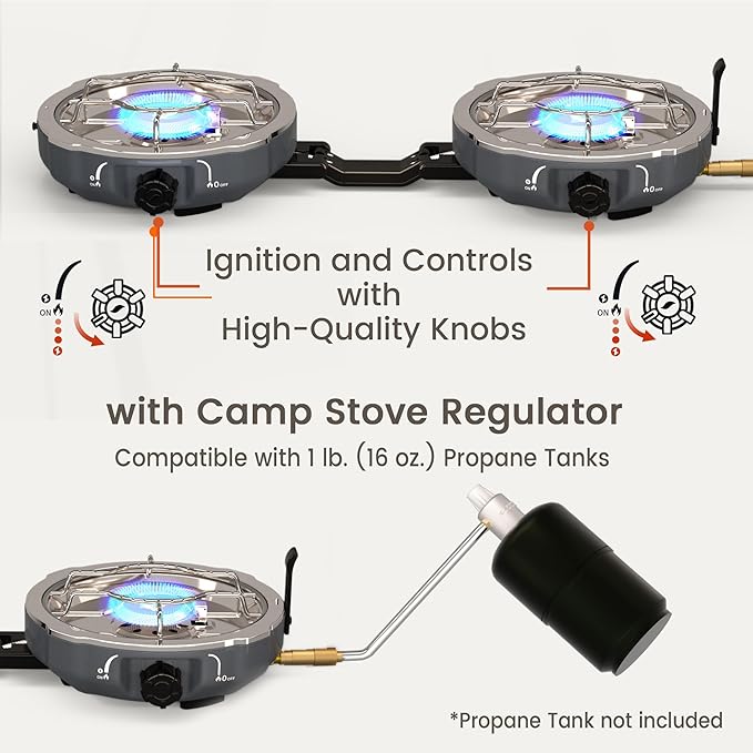 20000 BTUs 2 Burner Propane Camping Stove Portable Folding Camp Stove with Adjustable Burners Built-in Ignition and Carrying Bag Dual Gas Stoves for Tailgating Camping BBQ Overland Grey