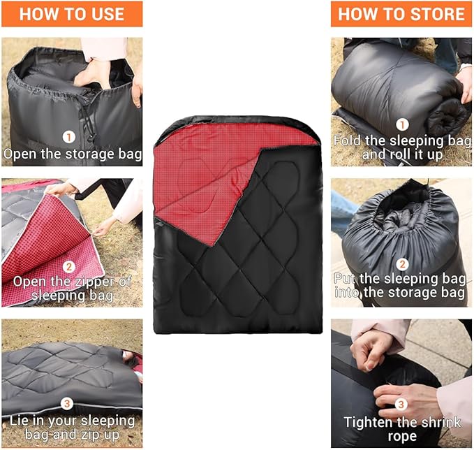Double Sleeping Bag for Adults CampingBring Pillow XL Queen Size Sleeping Bags for 2 Person Hiking Backpacking Lightweight Waterproof with Compression Sack