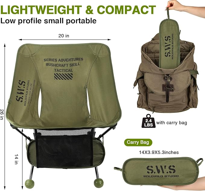 Lightweight Folding Camping Chair 2.4 LBS Portable Foldable Compact with Aluminum Alloy &amp Seat Pocket for Outdoor Camp Travel Beach Picnic Festival Supports 330LBS (Army Green)