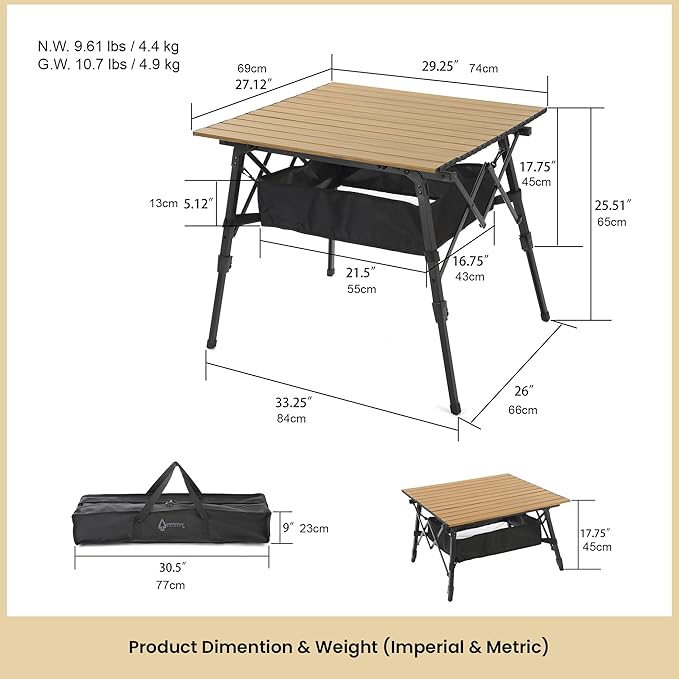 ARROWHEAD OUTDOOR 39 Aluminum Folding Camp Roll Up Table w/Adjustable Height Undertable Mesh Storage Carry Bag