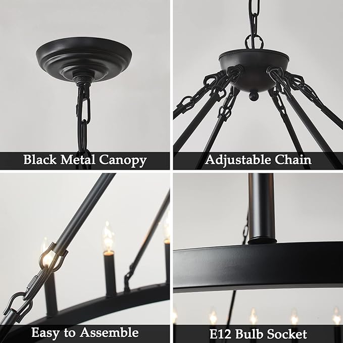 64 Inch Black Extra Large Wagon Wheel Chandelier 42-Lights Farmhouse Industrial Round High Ceiling Pendant Light Adjustable Chain for Dining Room Living Room