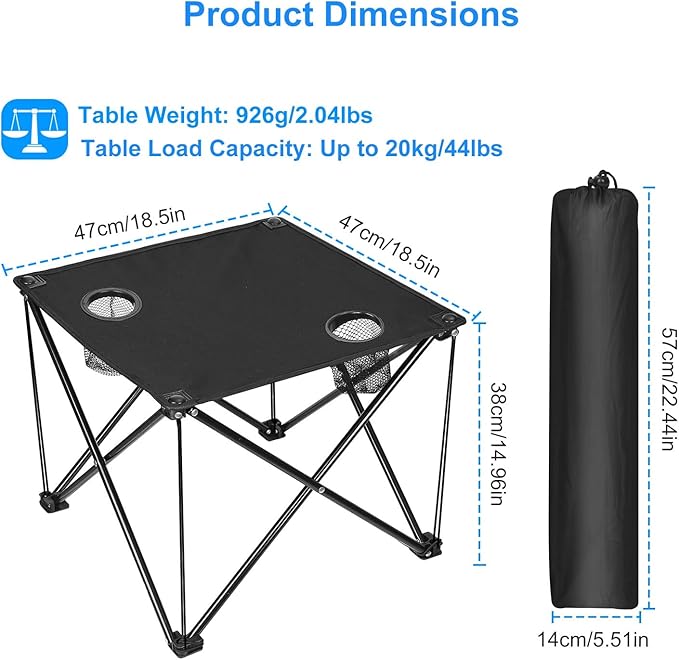 Folding Camping Side TableOutdoor Portable Camping Table W/2 Cup Holders&ampCarrying BagSteel Frame600D Oxford FabricLightweight Foldable Table for Beach Picnic Hiking Fishing