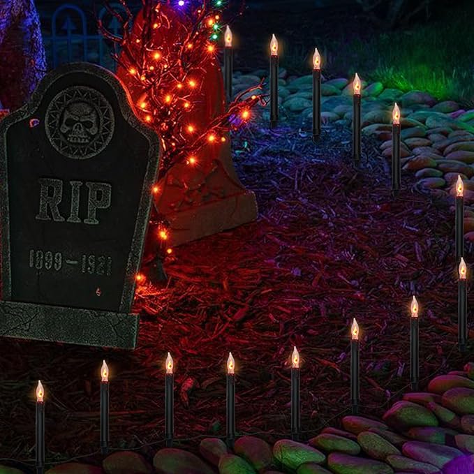 SUNSGNE Halloween Pathway Marker String Lights - 19.5Ft Outdoor Walkway Lights with 10 Black Blood Tears Candle Light Stakes for Lawn Yard Sidewalk Garden Decoration