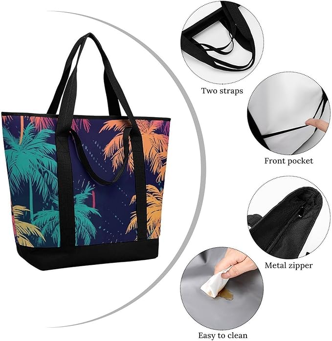 Insulated Shopping BagLarge Reusable Cooler Bags Colorful Palm Trees Printed Foldable Shopping BagTravel Waterproof Shoulder Bag