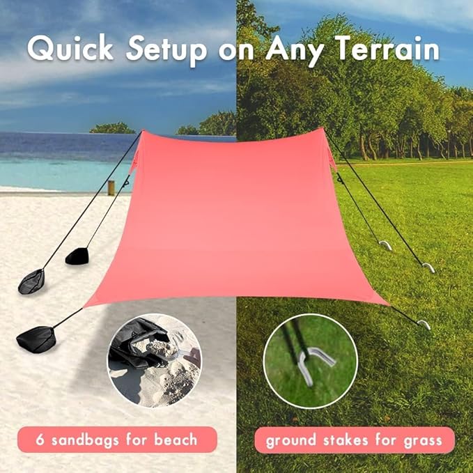 Beach Canopy Windproof Design Sun Shelter UPF50+ Portable Family Tent with 6 Sandbags Anchors 8x8 FT 2 Pole Pop Up Outdoor Shelter for Beach Camping Fishing Backyard
