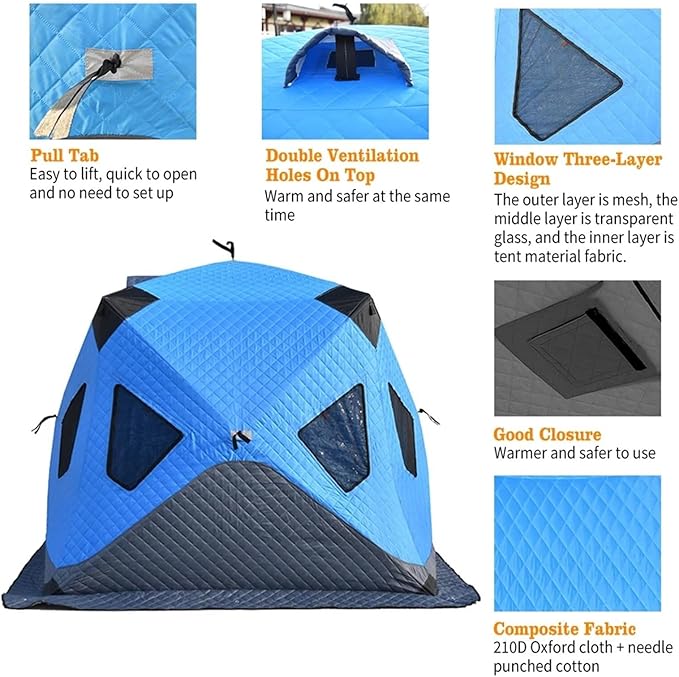Portable Ice Fishing Shanty Large Ice Shack Windproof Ice Fishing Shelter Insulated Ice Fishing Pop-Up Tent for 3-4 Person