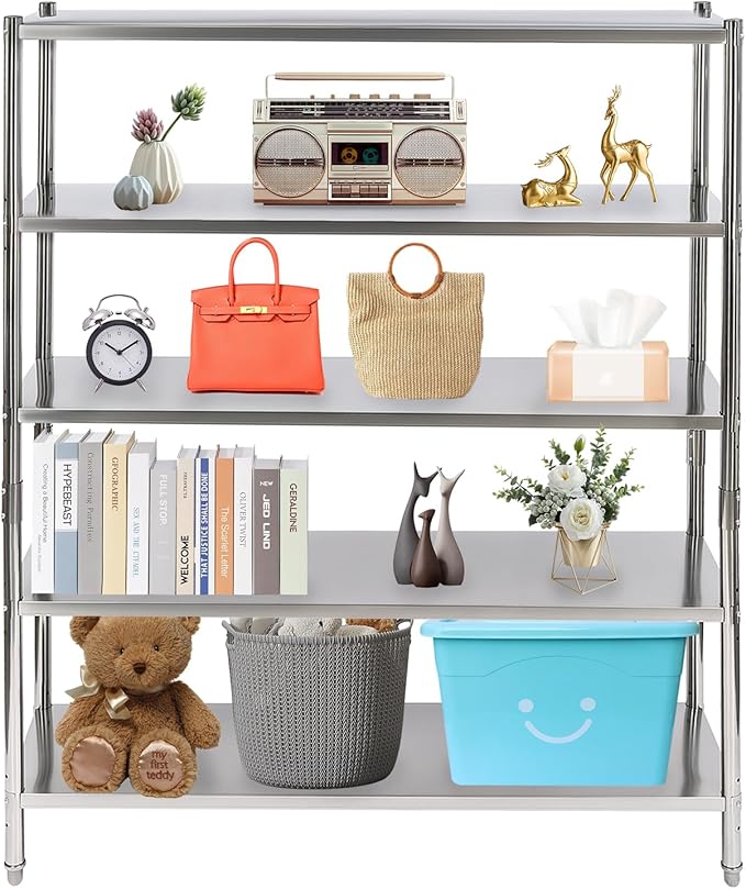 Stainless Steel Shelving 5 Tier Utility Bakers Racks Adjustable Shelf Storage Heavy Duty Shelving for Kitchen Commercial Office Garage Storage Laundry Room Organization (5-Tier 60*18*71in)