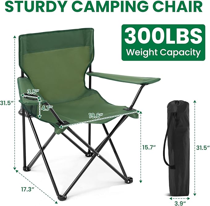 Folding Camping Chairs 2 Pack for Adults 300LBS Capacity Foldable Portable Lawn Chairs with Carry Bag Compact Design for Camp Beach Picnics and Outdoor (Green)