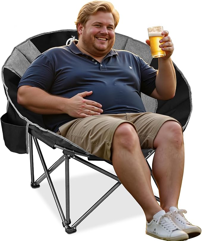 Northroad XXL Camping Moon ChairOversized Round ChairFolding Padded Saucer w/Side Pocket500lbs Capacity for Outdoor Hiking Fishing Picnic LawnBlack&ampGrey
