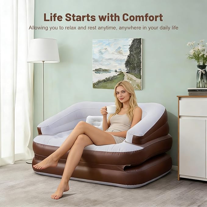 Full Size Inflatable Sofa Bed with Air Pump2-in-1 Blow-Up Couch and Folding Air Mattress Bed for HomeCampingand Guests