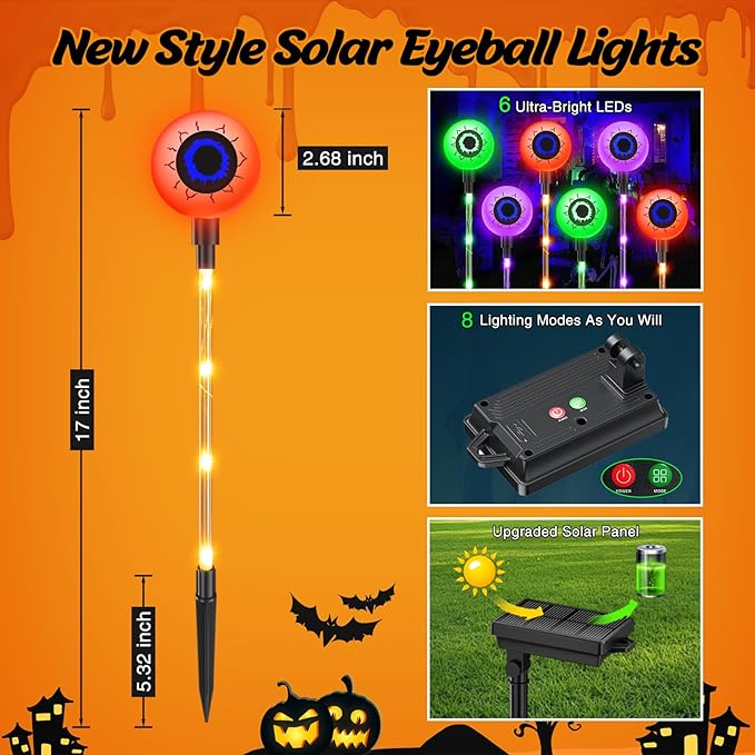 2025 Upgraded 12 Pack Halloween Solar Eyeball Lights Outdoor Decorations: 8 Modes Multicolor Waterproof Halloween Pathway Lights Orange Purple Green Colorful LED Scary Light for Garden Yard Decor