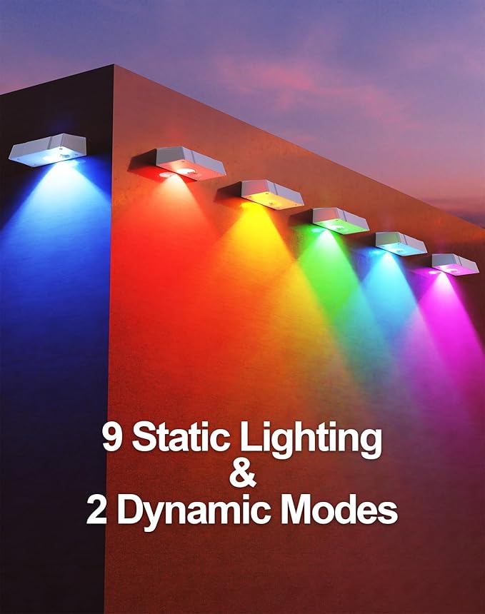 Solar Fence Lights 10 Pack Fence Light Solar Powered Waterproof IP65 Multicolor Led 9 Fixed Colors ＆RGB Color Changing Solar Lights Outdoor for Deck Patio Porch Stairs Holiday (White)