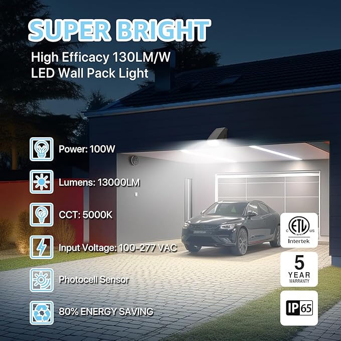 HYPERLITE Wall Pack Led Exterior Light: 100W 13000LM ETL Listed Cut-Off LED Wall Pack Light - IP65 Waterproof Security Light Commercial and Industrial LED Wall Lights for Parking lot Home Yard