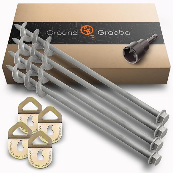 GROUNDGRABBA Screw in Tent Stake for Normal to Hard Ground | Premium Drill Driven Ground Anchor Earth Screws | 4X Pro I Stakes (1.5 Foot) 4X GroundGrabba Closed Hooks 1X 5/8 Hex Socket Driver