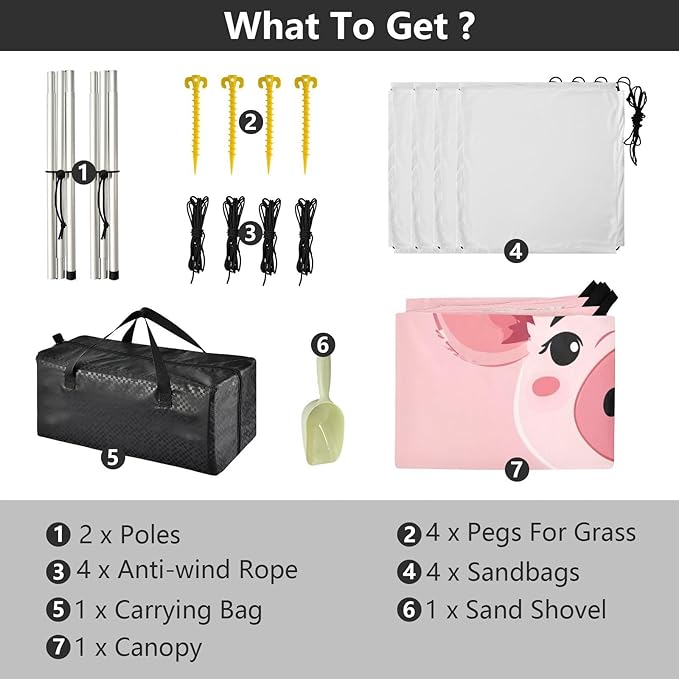 Cute Pig Face Beach Tent Sun Shelter 9.2' x 10.5' Beach Canopy with 4 Sandbags 4 Stability Poles Sand Shovels - Tent Canopy for Beach Camping Fishing Picnics