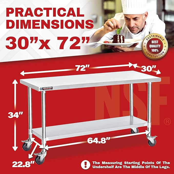 DuraSteel 30x72 NSF Stainless Steel Cart - Heavy Duty Food Prep Table with Undershelf - Rolling Kitchen Island on Wheels for Commercial Restaurant Kitchen Garage Outdoor Cooking BBQ Grill Counter