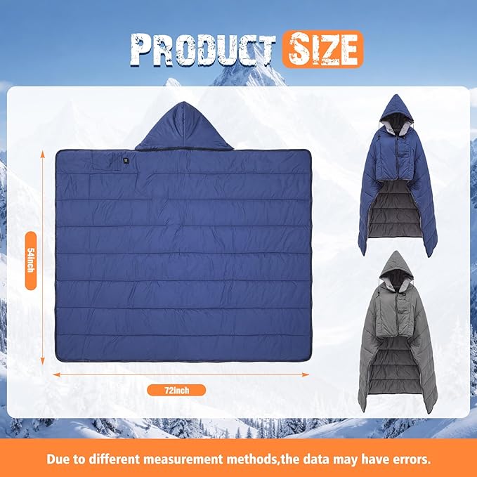 Preboun 2 Pack Wearable Heated Camping Poncho Blanket with Hood and 3 Heating USB Powered Portable Sleeping Bag Waterproof Windproof Thermal Outdoor Blanket for Stadium Fishing Sports Games Hunting