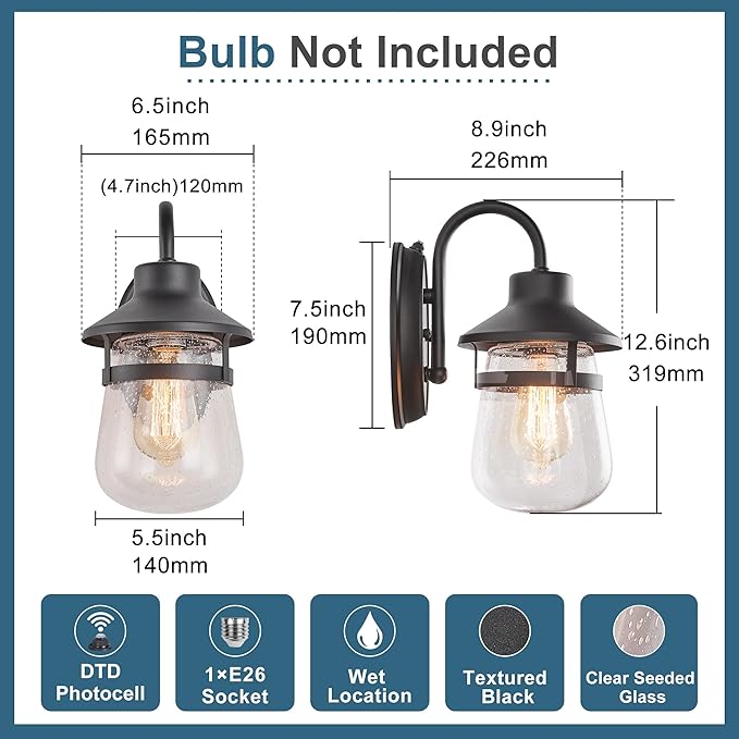 Classic Updated Dusk-to-Dawn Outdoor Light. Outside Exterior Porch Wall Light Fixture in Textured Black. Anti-Rust and Waterproof Wall-Mounted Lantern. Outside Light for House Front Door.