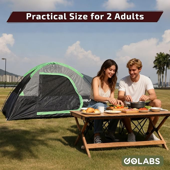 Golabs CT1 2 Person Camping Tent Easy Set Up in 3 Mins PU1500mm Waterproof w/Mesh Top &amp Door with Ventilation Lightweight 4.4lbs Portable Family Tent with Carry Bag &ampInterior Storage Pocket