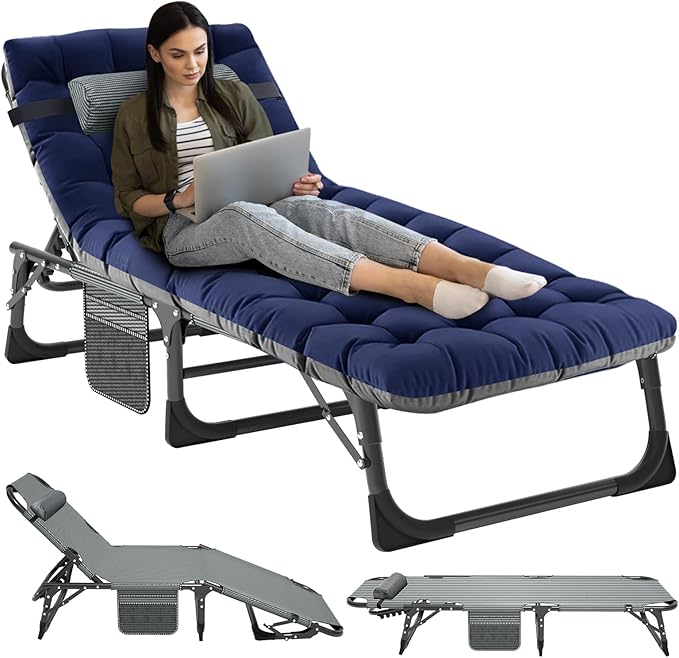 NAIZEA Folding Camping Cot W/Mat for Adults Adjustable Lounge Chair Outdoor Heavy Duty Sleeping Cot Bed Travel Camp Cots for Pool Beach Patio Sunbathing