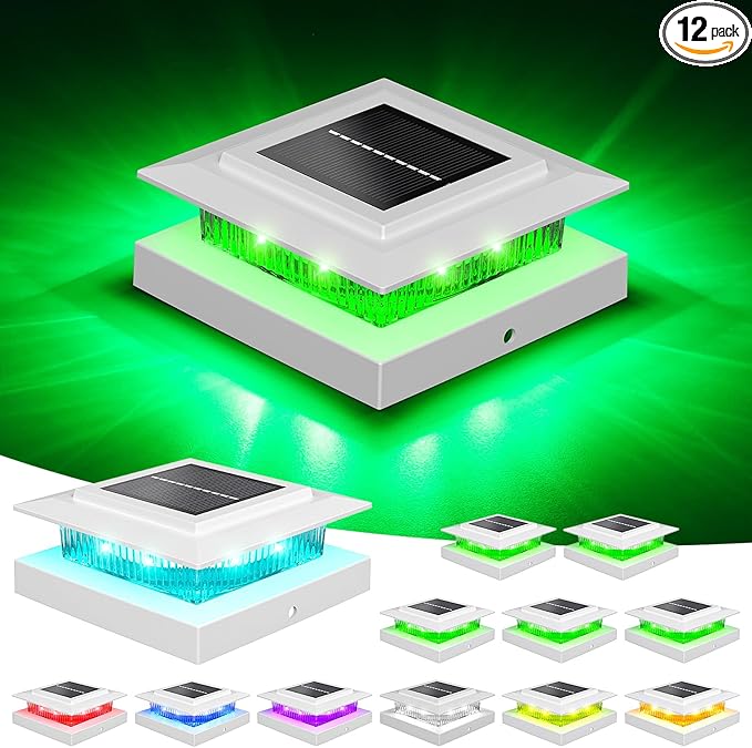 NIORSUN Solar Post Cap Lights Outdoor Waterproof 4x4 Post Solar Lights RGB Color Changing Fence Posts Solars Light for Deck Patio Garden Deco 4x4 Posts Caps Wood Vinyl 5x5 Vinyl 12 Pack (White)