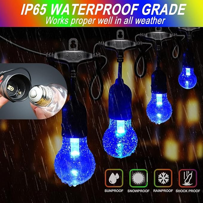 Auroraworld 96FT RGB Outdoor String Lights Dimmable Color Changing Waterproof LED Patio Lights with Remote &amp E26 Shatterproof Edison Bulbs for Bistro Backyard Garden Party Decor