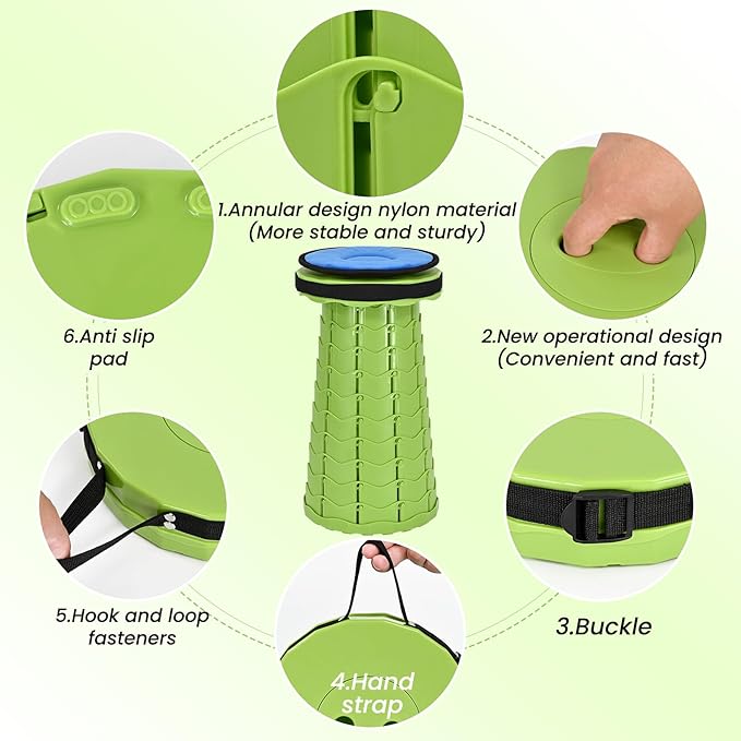 2 Pack Upgraded Collapsible Stool with Cushion Thickened Retractable Folding Stool Max Load Capacity 400lbs Portable Telescoping Stools for Camping Fishing Outdoor Hiking BBQ -Green