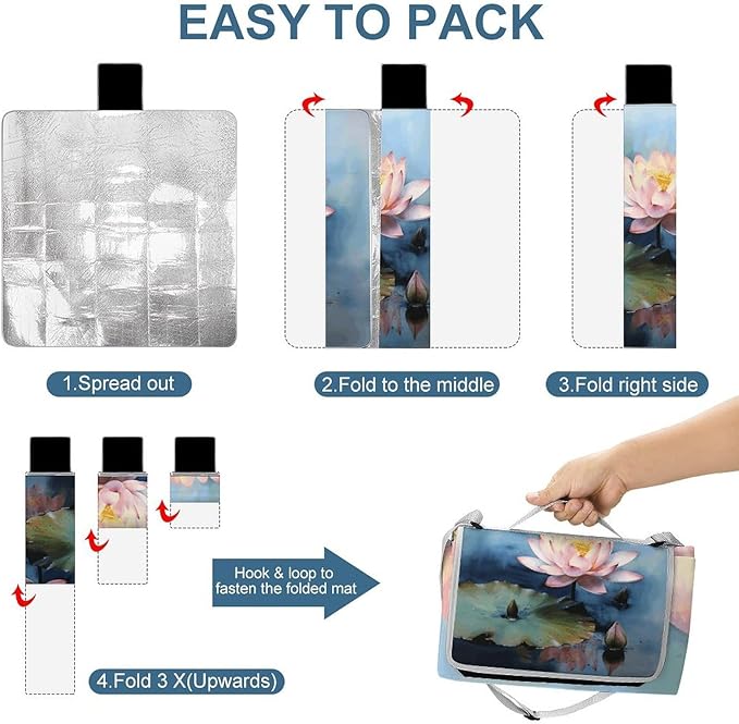Lotus Flower Painting Beach BlanketPortable Waterproof Picnic Blanket58.3''x 58.3'' Extra Large Picnic Mat for BeachCamping Grass Lawn Park Accessorie for Festival BBQ