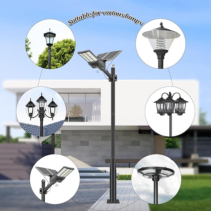 Street Light Pole 10Ft - Black Outdoor Adjustable Metal Solar Street Lamp PostSuitable for Street Courtyard Porch Exterior Patio Flag Lighting Fixtureswith Mounting Rebar Cage Base Accessory