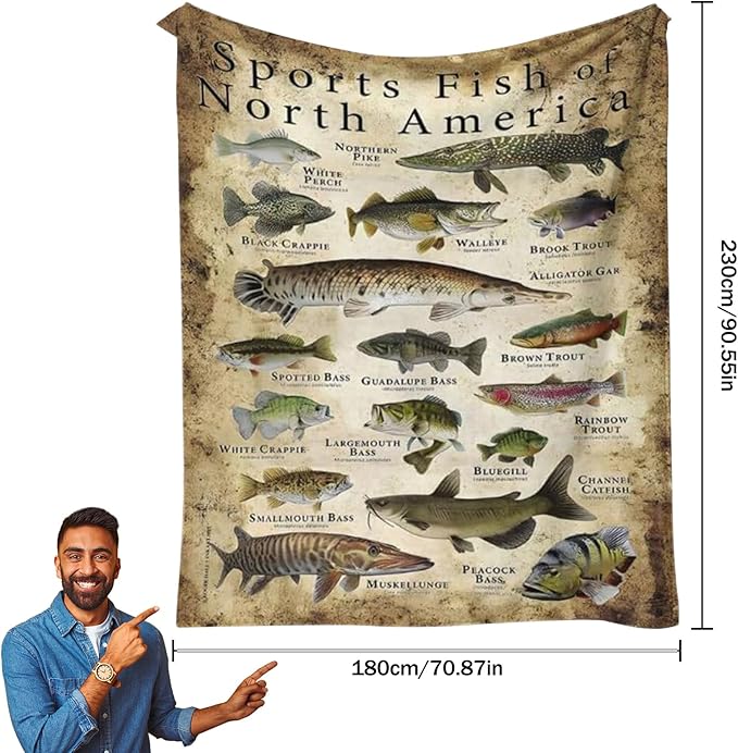 North America Fishing Blankets for Men Sports Fish of North America Blanket Fish Blanket Fishing Enthusiast Unique Outdoor Lover Present (70 * 90in)