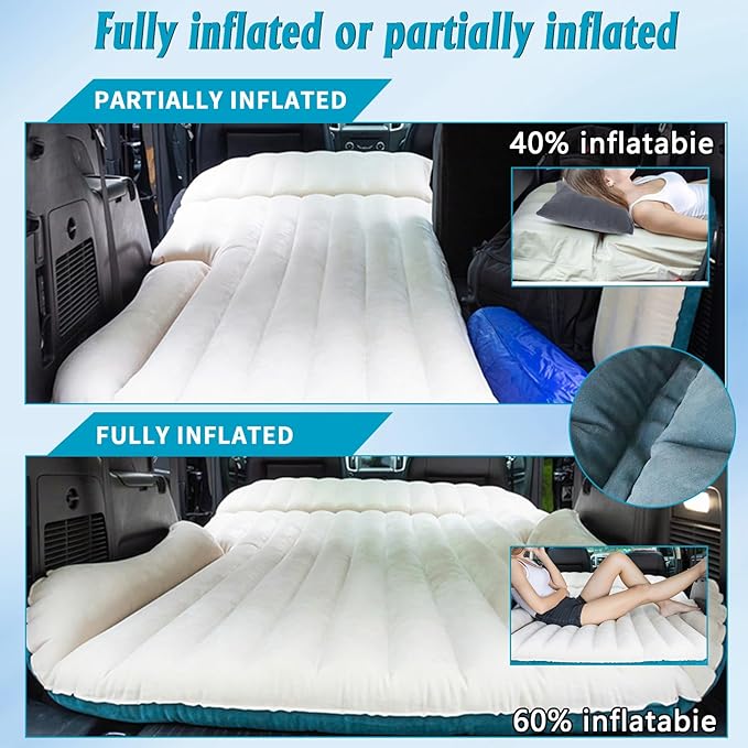 SUV Air Mattress Thickened and Double-Sided Flocking Travel Foldable Camping Bed for SUV Rear Seat and Trunk Camping Pickup Truck Bed Air Mattress 76x51x4.7Inch (White Blue)