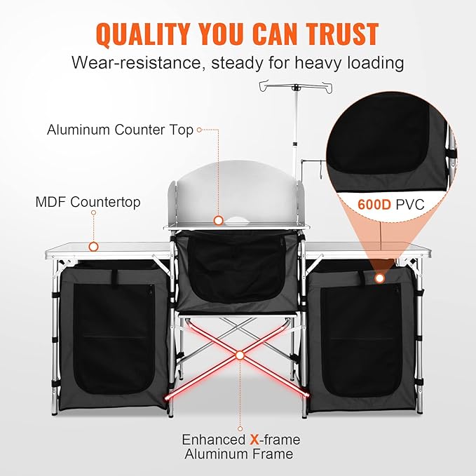 VEVOR Camping Kitchen Table Folding Outdoor Cooking Table with Storage Carrying Bag Aluminum Cook Station 3 Cupboard &amp Detachable Windscreen Quick Set-up for Picnics BBQ RV Traveling Black