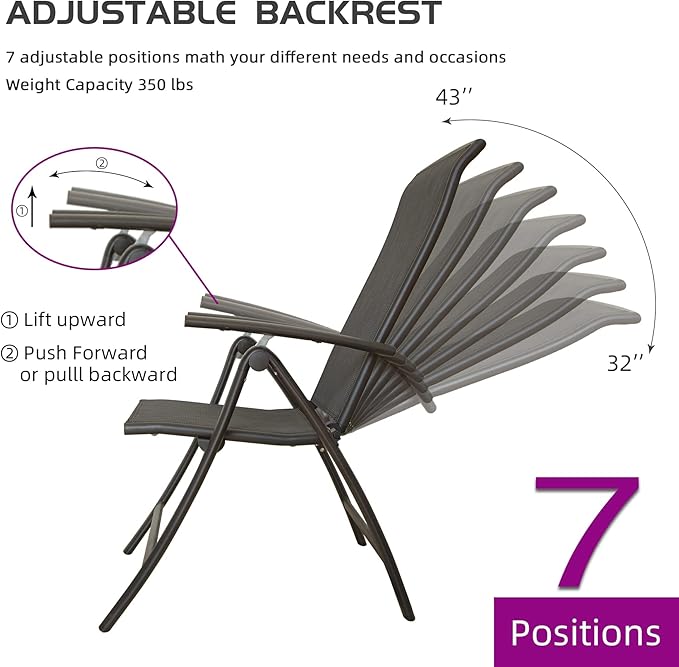 Domi Patio Outdoor Sling Chairs Set of 2 Folding Outdoor Reclining Camping Chairs with Armrest Adjustable High Backrest Portable Chair