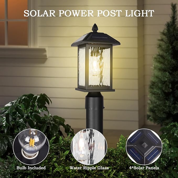 Solar Outdoor Post Light FixtureDusk to Dawn Modern Exterior Pillar Lantern with Black Finish &amp Water Ripple GlassWaterproof Outside Pole Light for Garden Backyard Courtyard