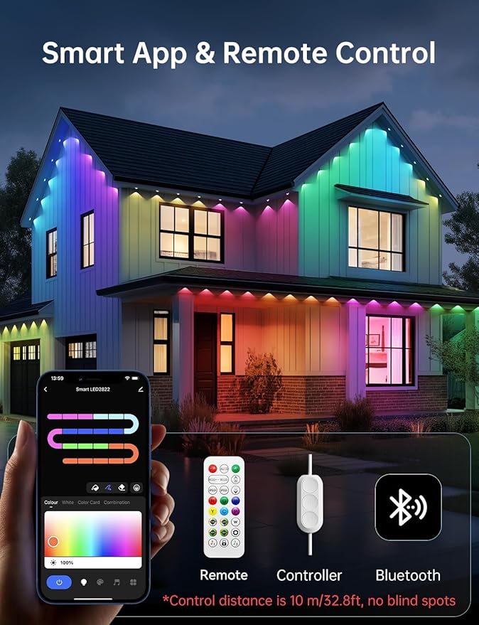 Permanent Outdoor Lights Pro 200ft with 100 LED Smart IC+RGBCW Christmas Halloween Eaves Lights for House Daily and Holiday Decor IP67 Waterproof with APP &amp Remote Control