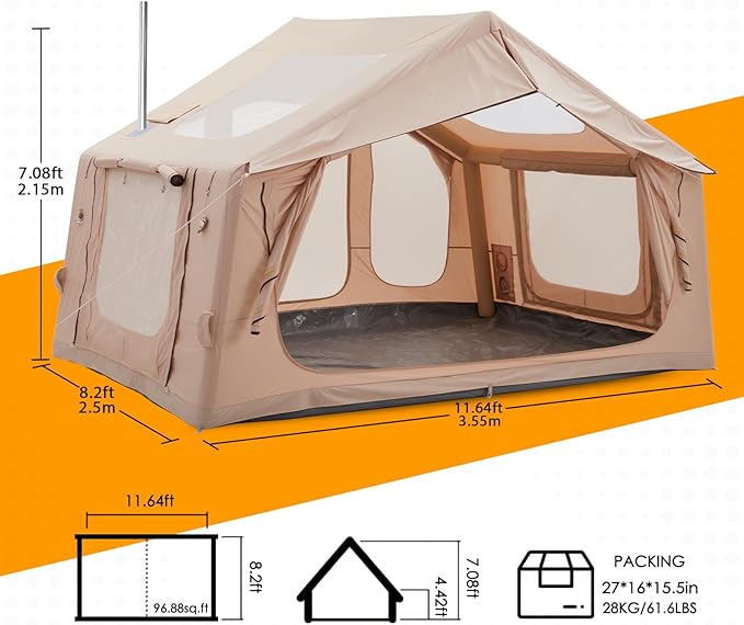 Inflatable Camping Tent with Electric Air Pump - 420D Heavy Duty Oxford - 5 Min Auto-Inflation - Panoramic Stargazing Skylight - 4 Season Luxury Glamping Cabin 4-10 Person Multiple Sizes