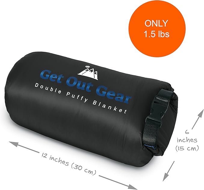 Get Out Gear Double Puffy Camping Blanket - Extra Puffy Packable Lightweight and Warm | Ideal for Outdoors Travel Stadium Festivals Beach Hammock | Water-Resistant Camp Quilt (Black/Blue)