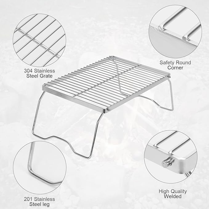 ZORMY 13 Folding Campfire Grill 304 Stainless Steel Firepit Grill Grate Heavy Duty Portable Camping Grill with Carrying Bag Gas BBQ Grill Grate for Backpacking Hiking Picnics (Medium)
