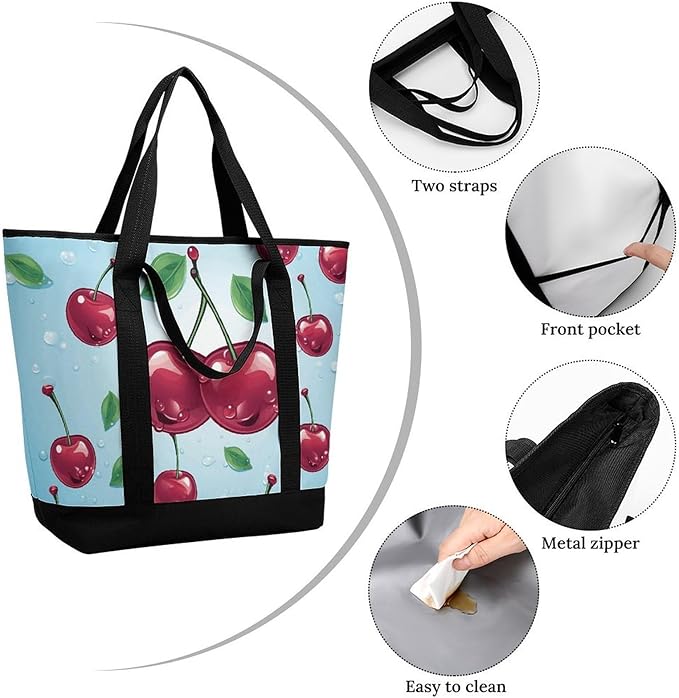 Insulated Shopping BagLarge Reusable Cooler Bags Cherry Printed Foldable Shopping BagTravel Waterproof Shoulder Bag