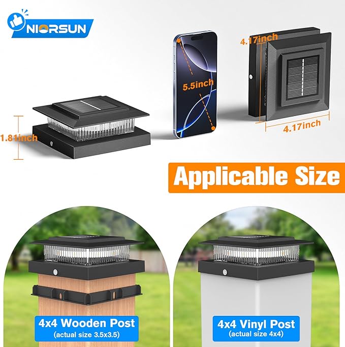 NIORSUN Solar Post Cap Lights Outdoor Waterproof 4x4 Post Solar Lights RGB Color Changing Fence Posts Solars Light for Deck Patio Garden Decoration 4x4 Posts Caps Wood Vinyl 16 Pack (Black)