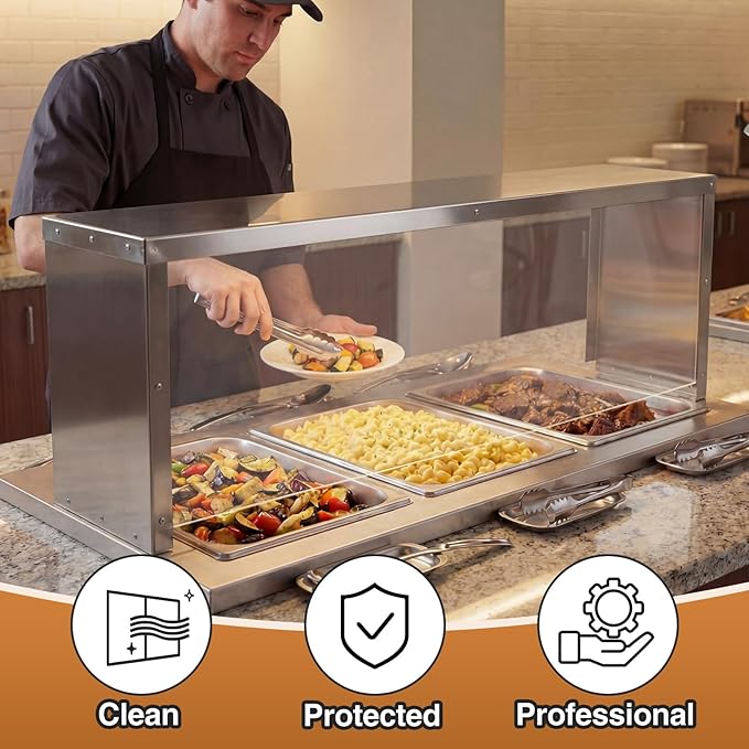 Zonon 43 Wide Steam Table Overshelf with Sneezeguard Compatible with Three-Well Steam Durable Stainless Steel Easy Installation Commercial Electric Hot Food Table Overshelf for Food Protection