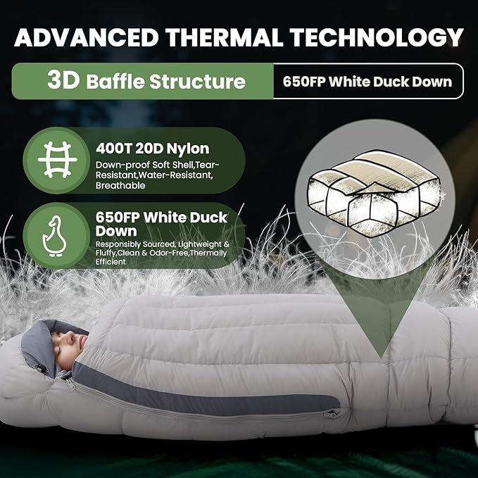 -10°F 0°F 10°F 15°F Down Sleeping Bag for Adults800/650 Fill PowerUltralight Wearable 4 Season Cold Weather Rectangle Sleeping Bag for Camping HikingCan be Used as a Down Blanket or Cloak