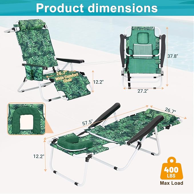 MOPHOTO 3 in 1 Beach Chairs Heavy Duty Beach Tanning Chair for Adults Lay Flat Recliner with 5-Position Adjustable Backrest Folding Outdoor Chair for Beach Pool Patio Camping