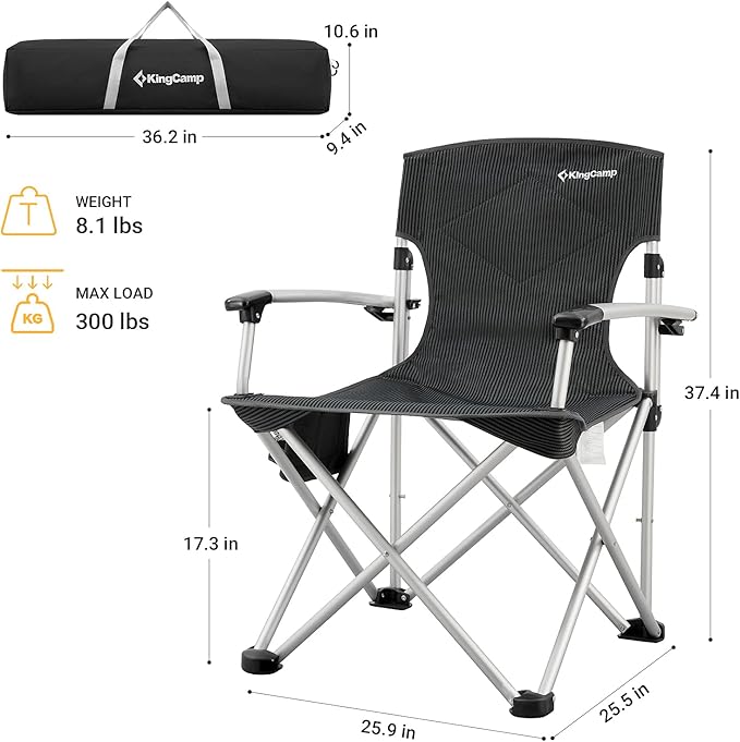 Kingcamp Aluminum Hard Armrest with Cup Holder Portable Padded Deluxe Chair with Carry Bag Heavy Duty Supports 300 lbs for Outdoor Black