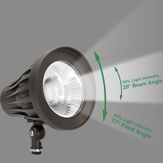 GKOLED 20W Bullet/Round Outdoor Spotlight 20° Narrow Beam Angle Light 2400 Lumens Aluminum Waterproof Flag Pole Lights 4000K Cool White 120-277V AC UL Listed and DLC Qualified 5 Years Warranty
